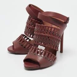 Alaia Burgundy Leather Studded and Laser Cut Ankle Strap Sandals Size 37