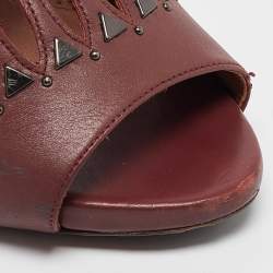 Alaia Burgundy Leather Studded and Laser Cut Ankle Strap Sandals Size 37