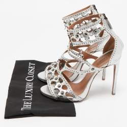 Alaia Silver Leather Cut Out Studded Ankle Strap Sandals Size 38.5