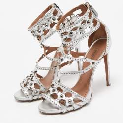 Alaia Silver Leather Cut Out Studded Ankle Strap Sandals Size 38.5