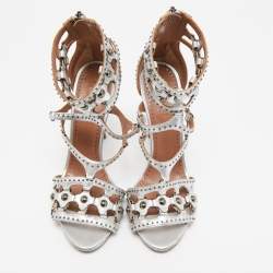 Alaia Silver Leather Cut Out Studded Ankle Strap Sandals Size 38.5