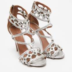 Alaia Silver Leather Cut Out Studded Ankle Strap Sandals Size 38.5