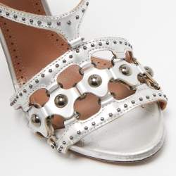 Alaia Silver Leather Cut Out Studded Ankle Strap Sandals Size 38.5