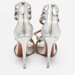 Alaia Silver Leather Cut Out Studded Ankle Strap Sandals Size 38.5