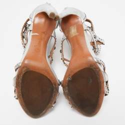Alaia Silver Leather Cut Out Studded Ankle Strap Sandals Size 38.5