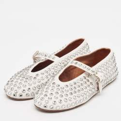 Pre Owned Alaia White Leather Crystal Embellished Mary Jane Ballet Flats Size 37