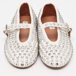Pre Owned Alaia White Leather Crystal Embellished Mary Jane Ballet Flats Size 37