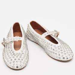 Pre Owned Alaia White Leather Crystal Embellished Mary Jane Ballet Flats Size 37