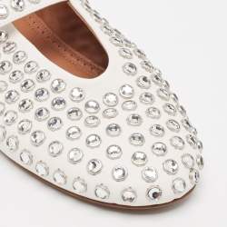 Pre Owned Alaia White Leather Crystal Embellished Mary Jane Ballet Flats Size 37