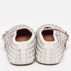 Pre Owned Alaia White Leather Crystal Embellished Mary Jane Ballet Flats Size 37