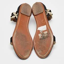 Alaia Black/Gold Leather and Suede Ankle Strap Flat Sandals Size 37