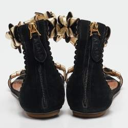 Alaia Black/Gold Leather and Suede Ankle Strap Flat Sandals Size 37