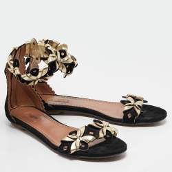 Alaia Black/Gold Leather and Suede Ankle Strap Flat Sandals Size 37