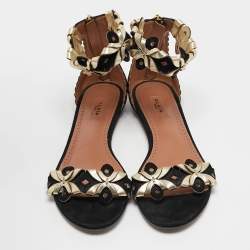 Alaia Black/Gold Leather and Suede Ankle Strap Flat Sandals Size 37
