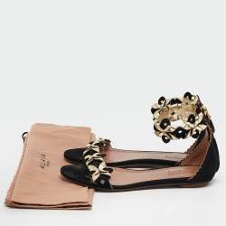 Alaia Black/Gold Leather and Suede Ankle Strap Flat Sandals Size 37