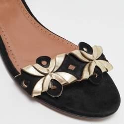 Alaia Black/Gold Leather and Suede Ankle Strap Flat Sandals Size 37
