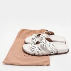 Alaia White Leather Grommet Flat Slides Size 36.5