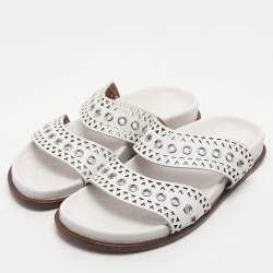Alaia White Leather Grommet Flat Slides Size 36.5