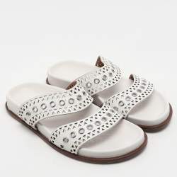 Alaia White Leather Grommet Flat Slides Size 36.5