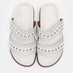 Alaia White Leather Grommet Flat Slides Size 36.5