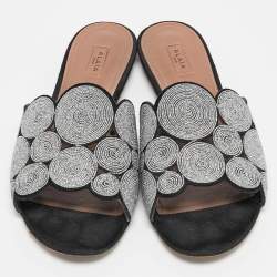 Alaia Black/Silver Glitter and Suede Flat Slides Size 40