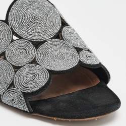 Alaia Black/Silver Glitter and Suede Flat Slides Size 40