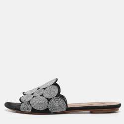 Alaia Black/Silver Glitter and Suede Flat Slides Size 40