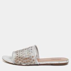 Alaia Silver Leather and Net Flat Slides Size 40