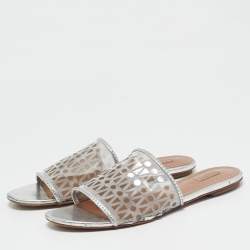 Alaia Silver Leather and Net Flat Slides Size 40