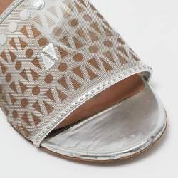 Alaia Silver Leather and Net Flat Slides Size 40