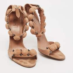 Alaia Beige Suede Studded Bombe T-Strap Ankle Cuff Sandals Size 38.5