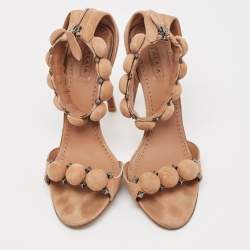 Alaia Beige Suede Studded Bombe T-Strap Ankle Cuff Sandals Size 38.5