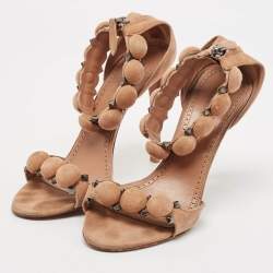 Alaia Beige Suede Studded Bombe T-Strap Ankle Cuff Sandals Size 38.5