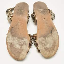 Alaia Gold Leather Embellished Ankle Strap Flat Sandals Size 37