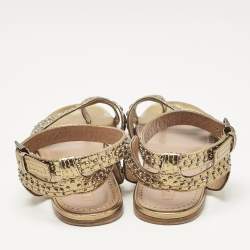 Alaia Gold Leather Embellished Ankle Strap Flat Sandals Size 37