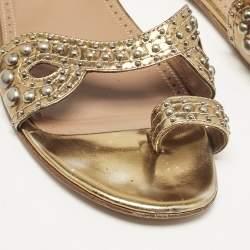 Alaia Gold Leather Embellished Ankle Strap Flat Sandals Size 37
