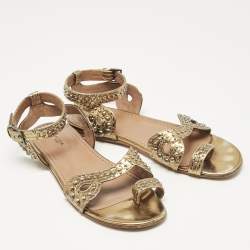 Alaia Gold Leather Embellished Ankle Strap Flat Sandals Size 37