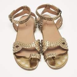 Alaia Gold Leather Embellished Ankle Strap Flat Sandals Size 37