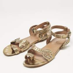 Alaia Gold Leather Embellished Ankle Strap Flat Sandals Size 37