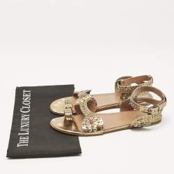 Alaia Gold Leather Embellished Ankle Strap Flat Sandals Size 37