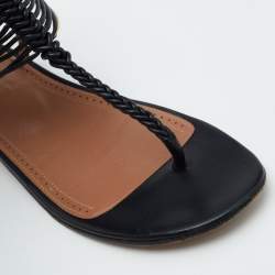 Alaia Black Leather T-Strap Flat Sandals Size 37.5