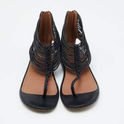 Alaia Black Leather T-Strap Flat Sandals Size 37.5