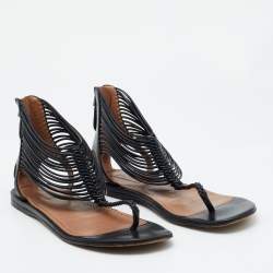 Alaia Black Leather T-Strap Flat Sandals Size 37.5