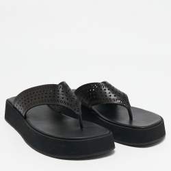 Alaia Black Leather Perforated Thong Flats Size 38