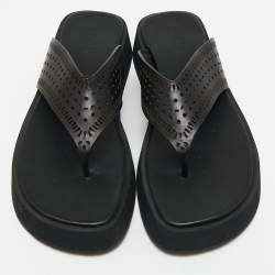 Alaia Black Leather Perforated Thong Flats Size 38