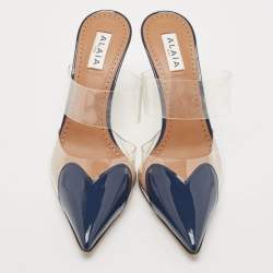 مملوكة مسبقًا Alaia Navy Blue Patent Leather and PVC Le Coeur Mules Size 38