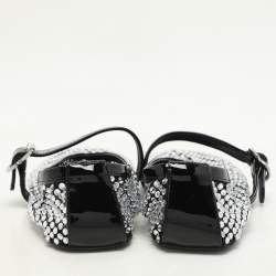 Alaia Silver/Black Crystal Embellished Mesh and Patent Leather Ballet Flats Size 36