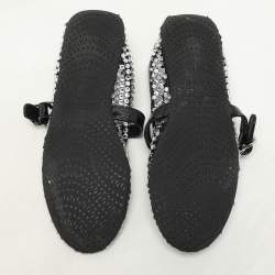 Alaia Silver/Black Crystal Embellished Mesh and Patent Leather Ballet Flats Size 36