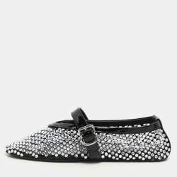 Alaia Silver/Black Crystal Embellished Mesh and Patent Leather Ballet Flats Size 36