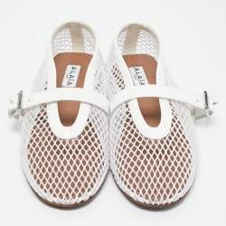 Pre Owned Alaia White Mesh and Patent Leather Buckle Detail Ballet Flats Size 36.5